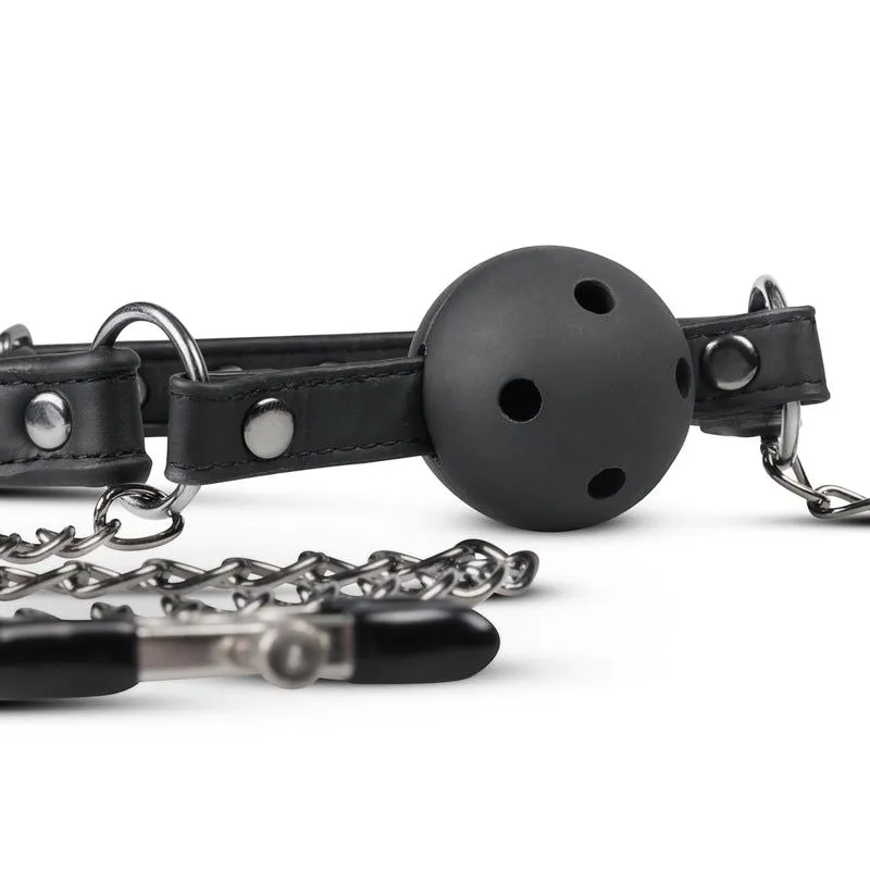 Ball Gag with Nipple Clamps - Black breathable