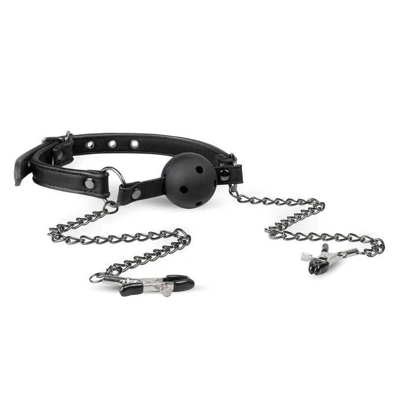 Ball Gag with Nipple Clamps - Black breathable