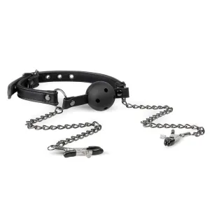 Ball Gag with Nipple Clamps - Black breathable