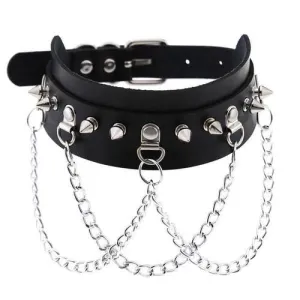 Black Leather Sub Collar w/ Silver Spikes and Chains