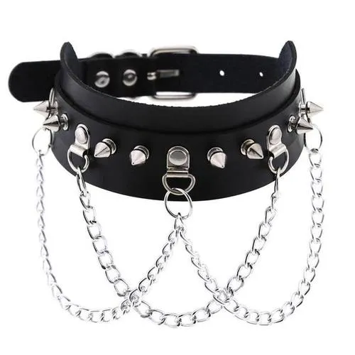 Black Leather Sub Collar w/ Silver Spikes and Chains
