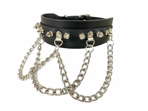 Black Leather Sub Collar w/ Silver Spikes and Chains