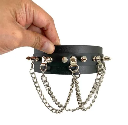 Black Leather Sub Collar w/ Silver Spikes and Chains