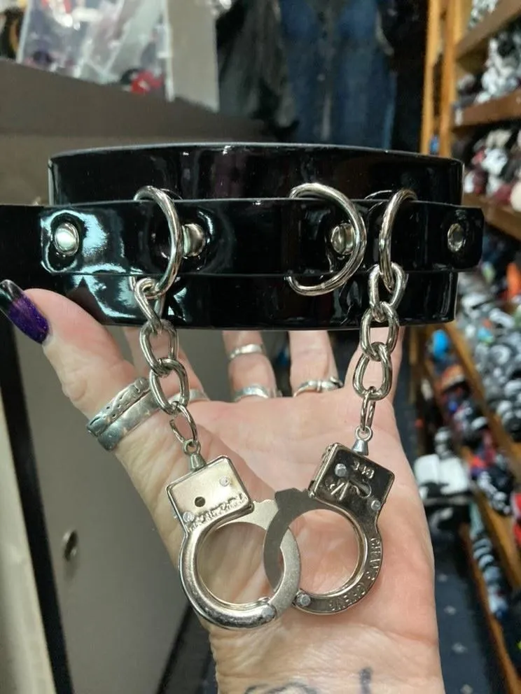 Black Patent Leather Collar w/ Silver Hanging Chain and Hanging Handcuffs