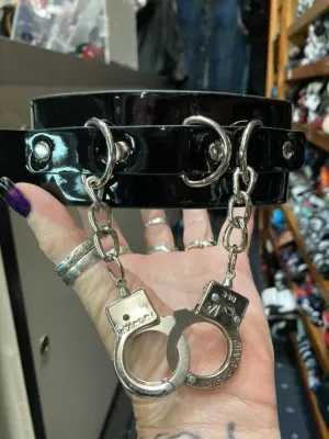 Black Patent Leather Collar w/ Silver Hanging Chain and Hanging Handcuffs