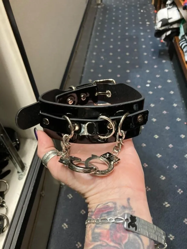 Black Patent Leather Collar w/ Silver Hanging Chain and Hanging Handcuffs