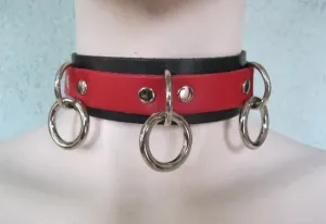 Black/Red Leather Collar w/ Silver Hanging O Rings