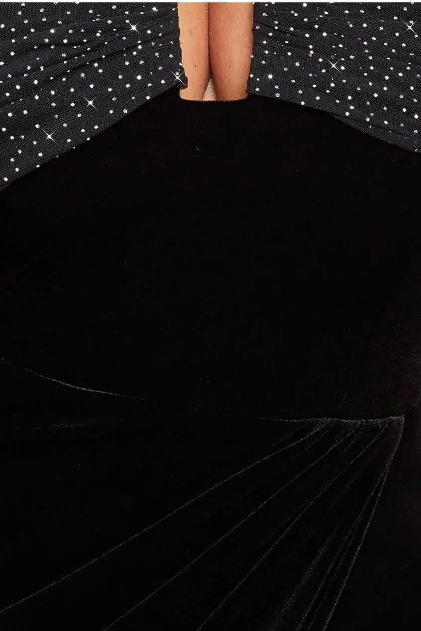 Goddiva Plus Off Shoulder Hotfix Diamante Wing Velvet Maxi Dress - Black