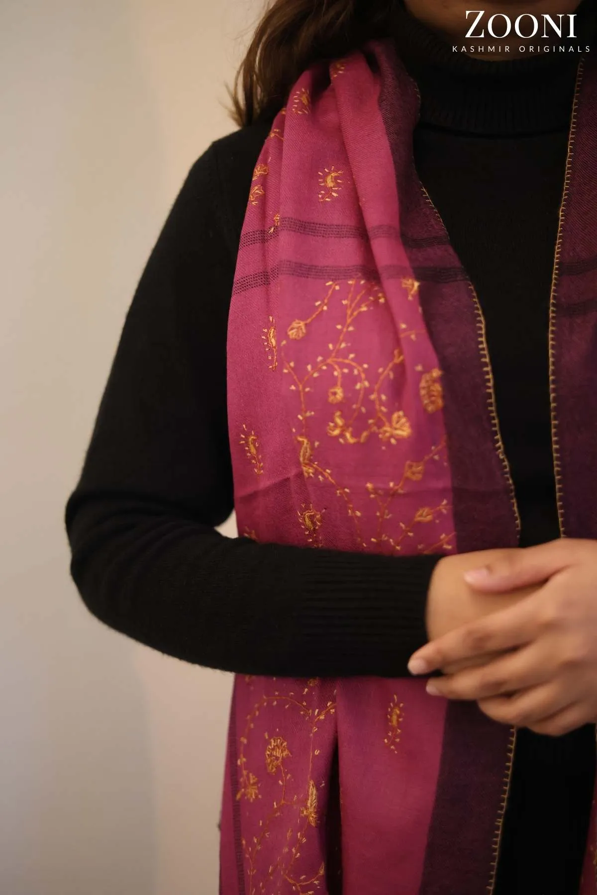 Hand Embroidered Dual Shade Kashmiri Jaal Stole/Wrap - Mauve Pink