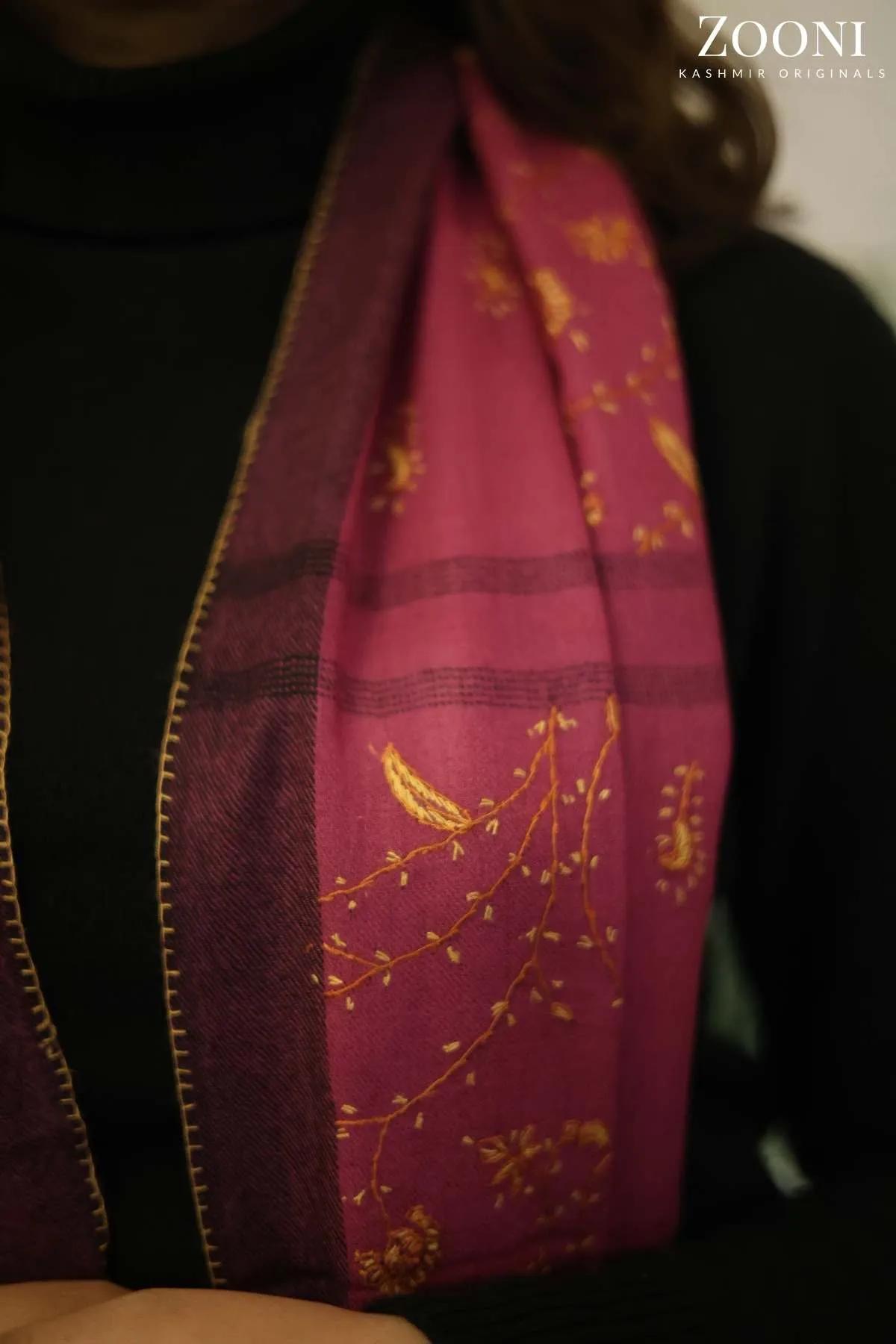 Hand Embroidered Dual Shade Kashmiri Jaal Stole/Wrap - Mauve Pink