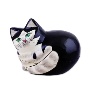 Hand-Painted Papier Mache Cat Decorative Box from India - Majestic Cat | NOVICA