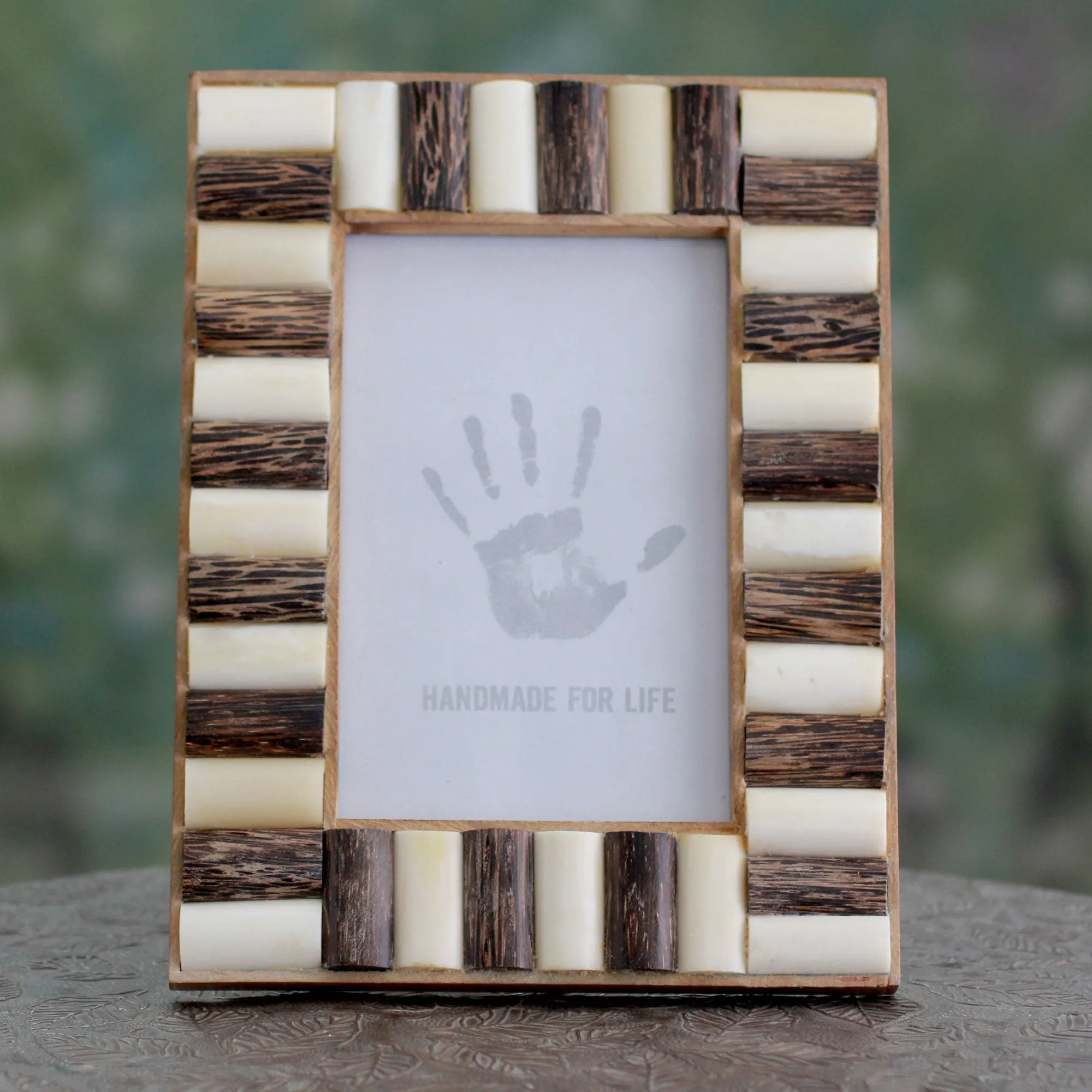 Handcrafted Teak and Bone Photo Frame from India (4x6) - Forest Appeal | NOVICA
