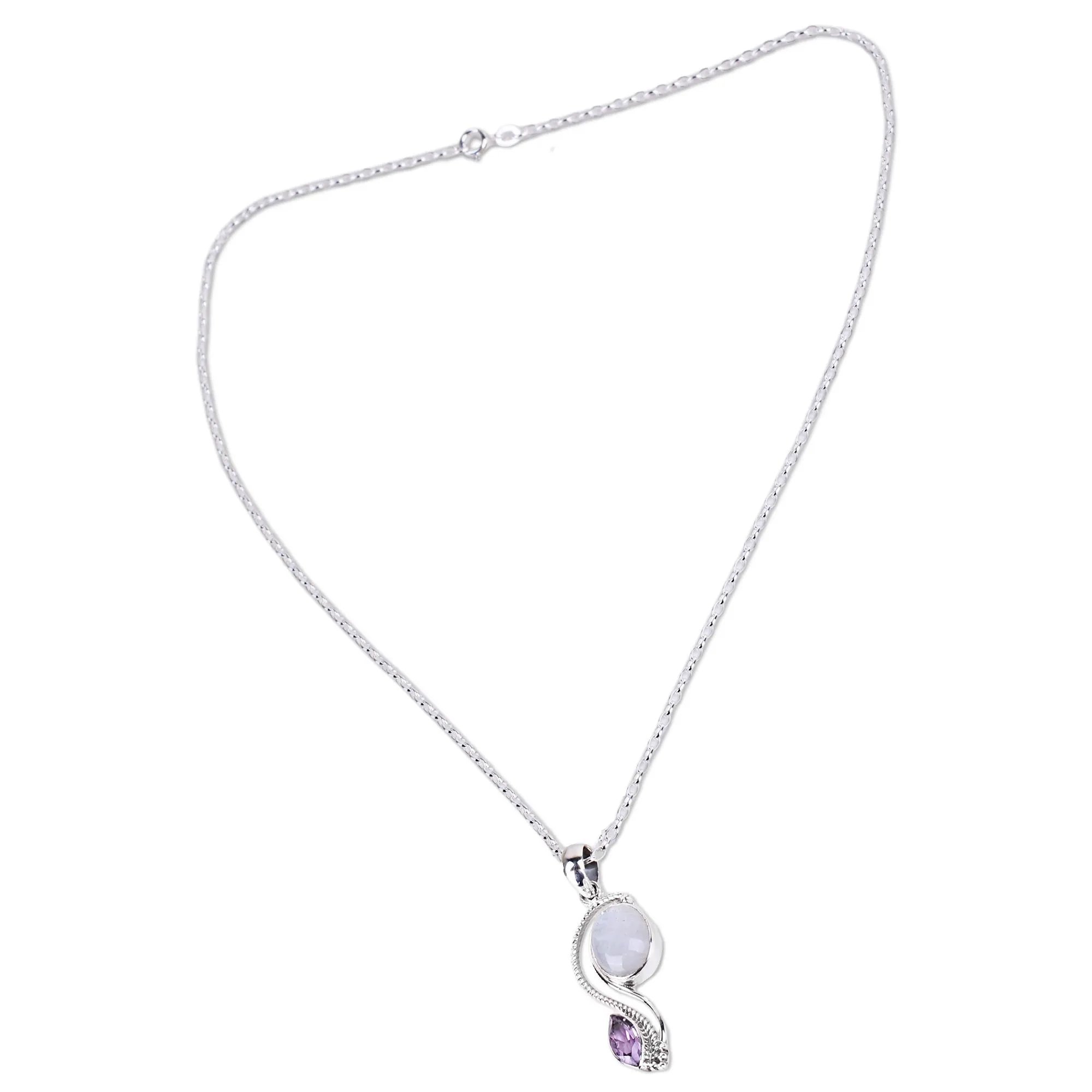 India Handcrafted Amethyst and Rainbow Moonstone Necklace - Colorful Curves | NOVICA