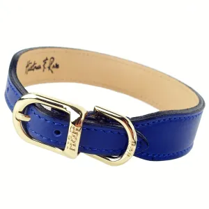 Italian Cobalt Blue Leather Dog Collar in Gold