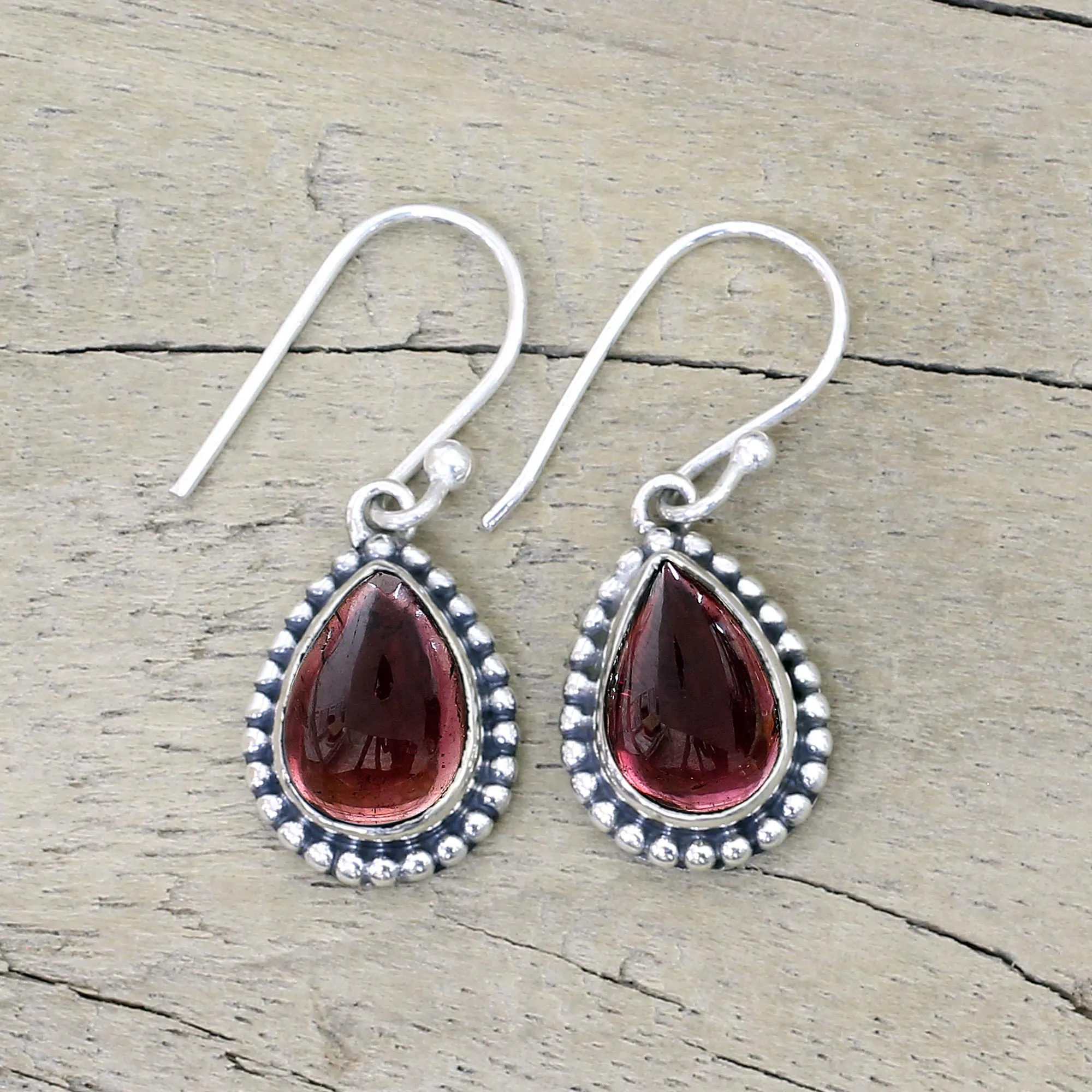 Sterling Silver and Garnet Drop Shape Dangle Earrings - Radiant Dewdrops | NOVICA