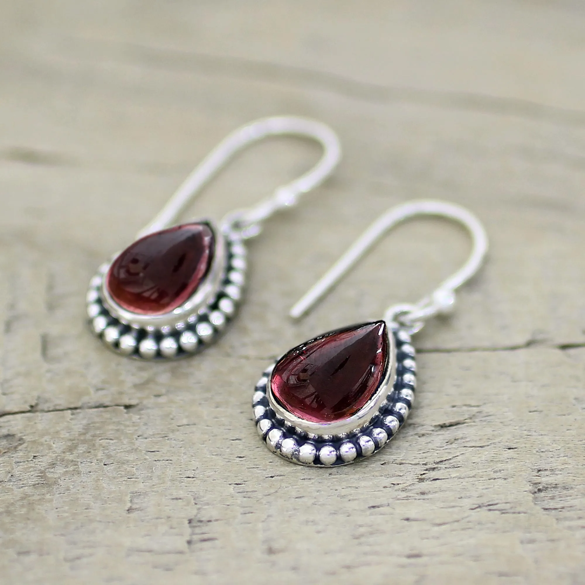 Sterling Silver and Garnet Drop Shape Dangle Earrings - Radiant Dewdrops | NOVICA