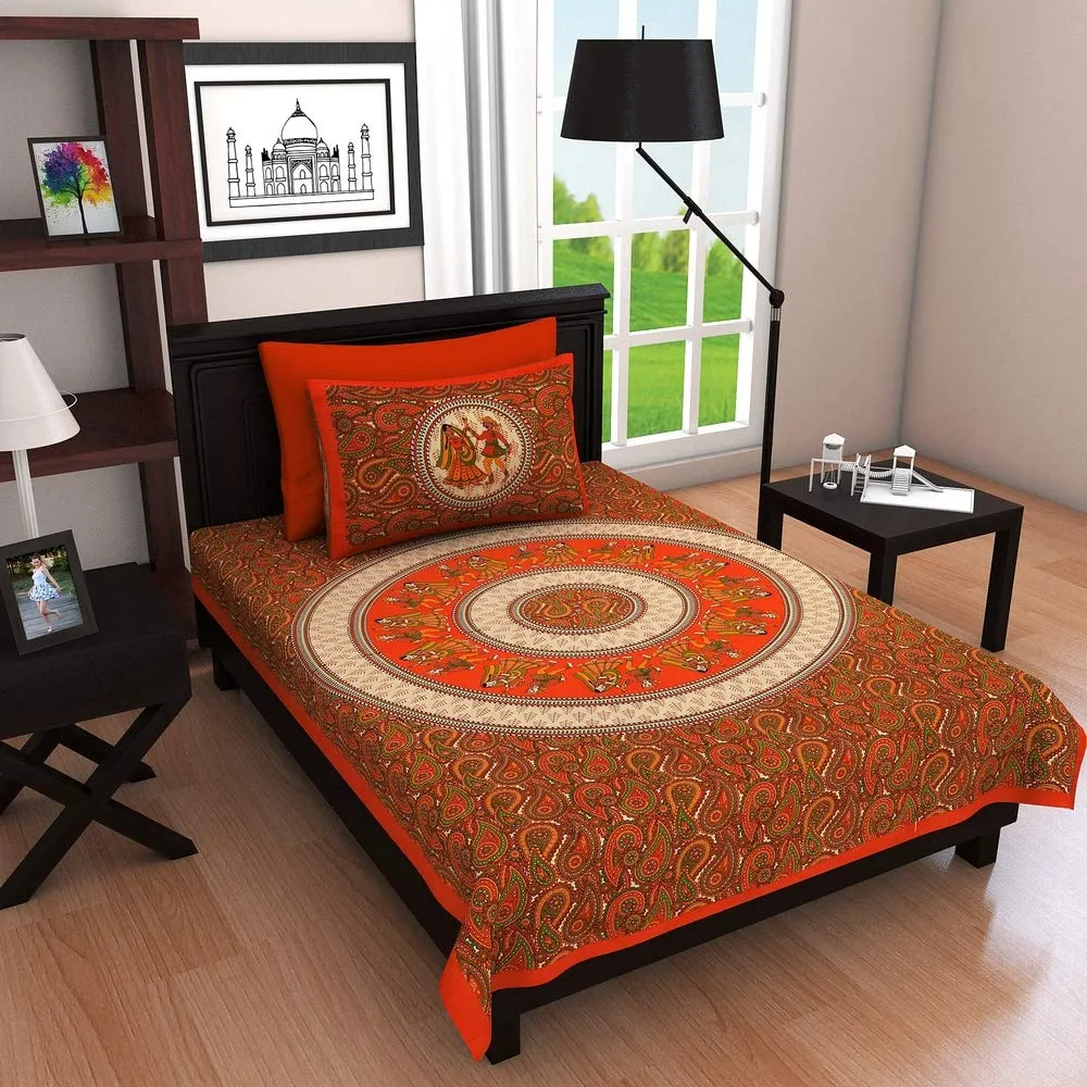 Ubania Collection® 100% Comfort Cotton Jaipuri Rajasthani Traditional Handcraft Sanganeri Print 144 TC Single Bedsheet with 1 Pillow Cover (Orange, Single)