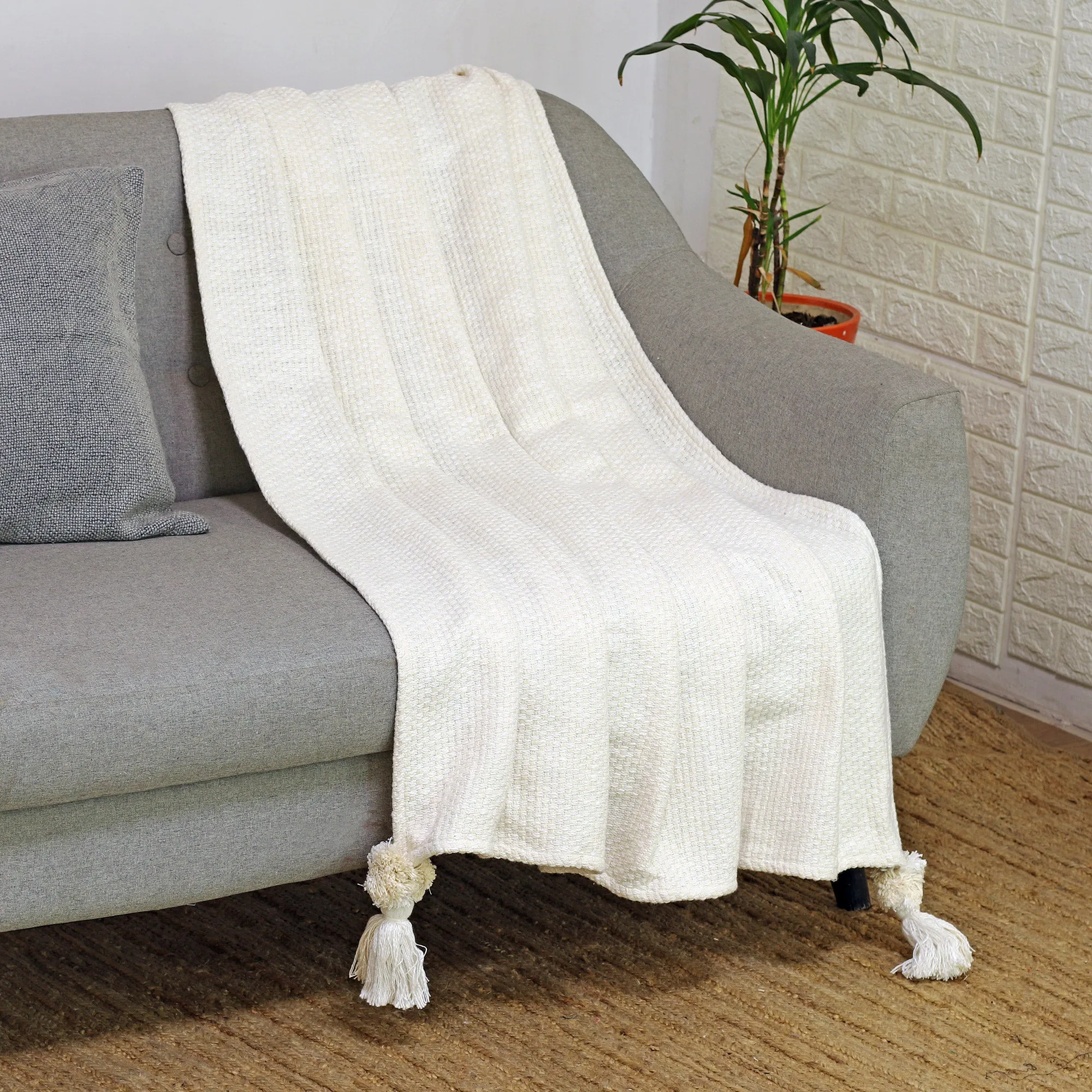 Vanilla and Snow White Cotton Throw with Dangling Tassels - Divine Appeal | NOVICA