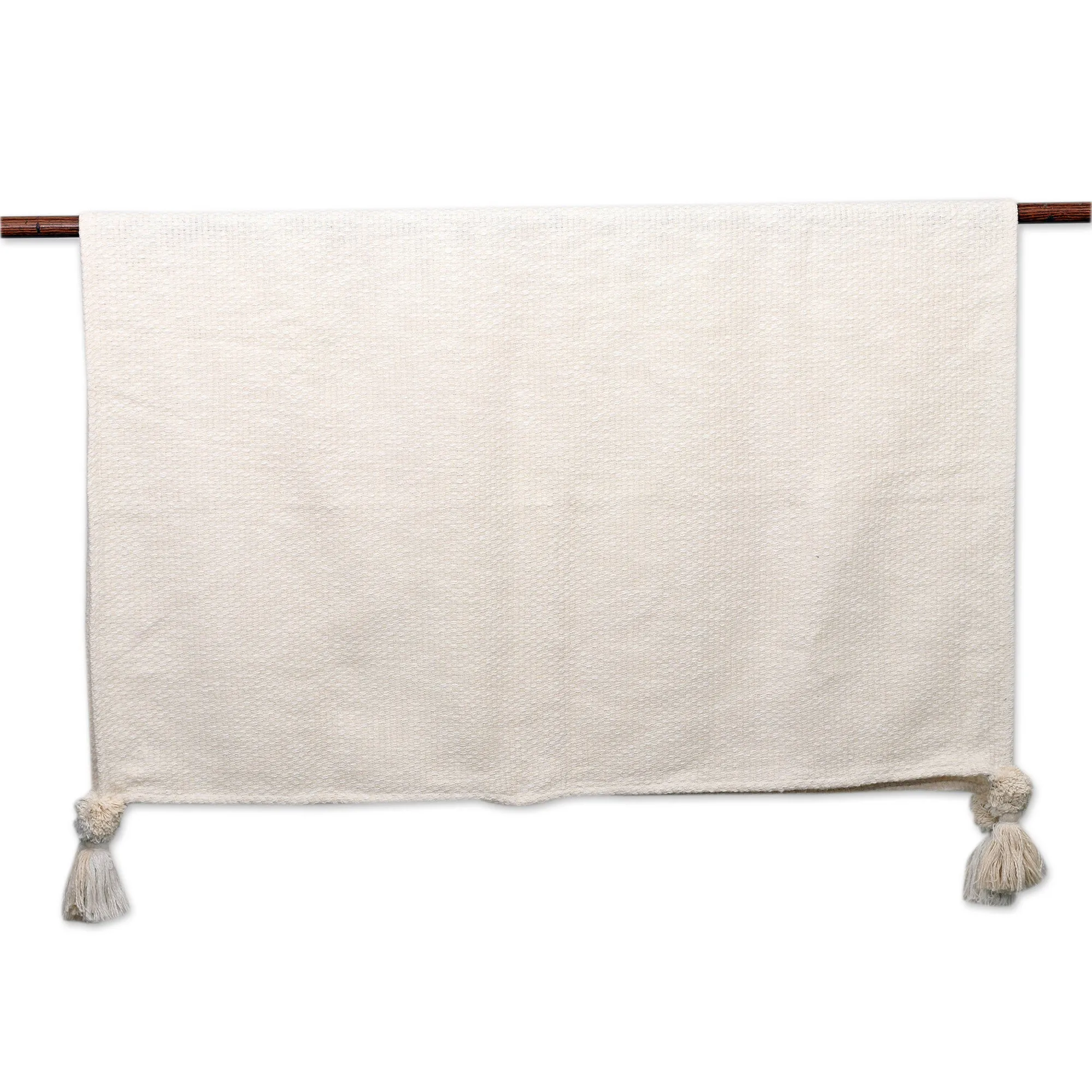 Vanilla and Snow White Cotton Throw with Dangling Tassels - Divine Appeal | NOVICA
